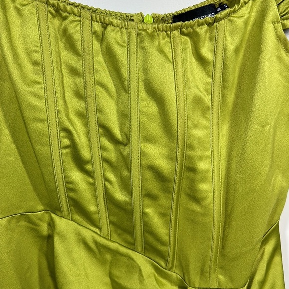 PrettyLittle Thing Olive Satin Bardot Tassel Hem Draped Midi Dress Satin Formal - Picture 13 of 16